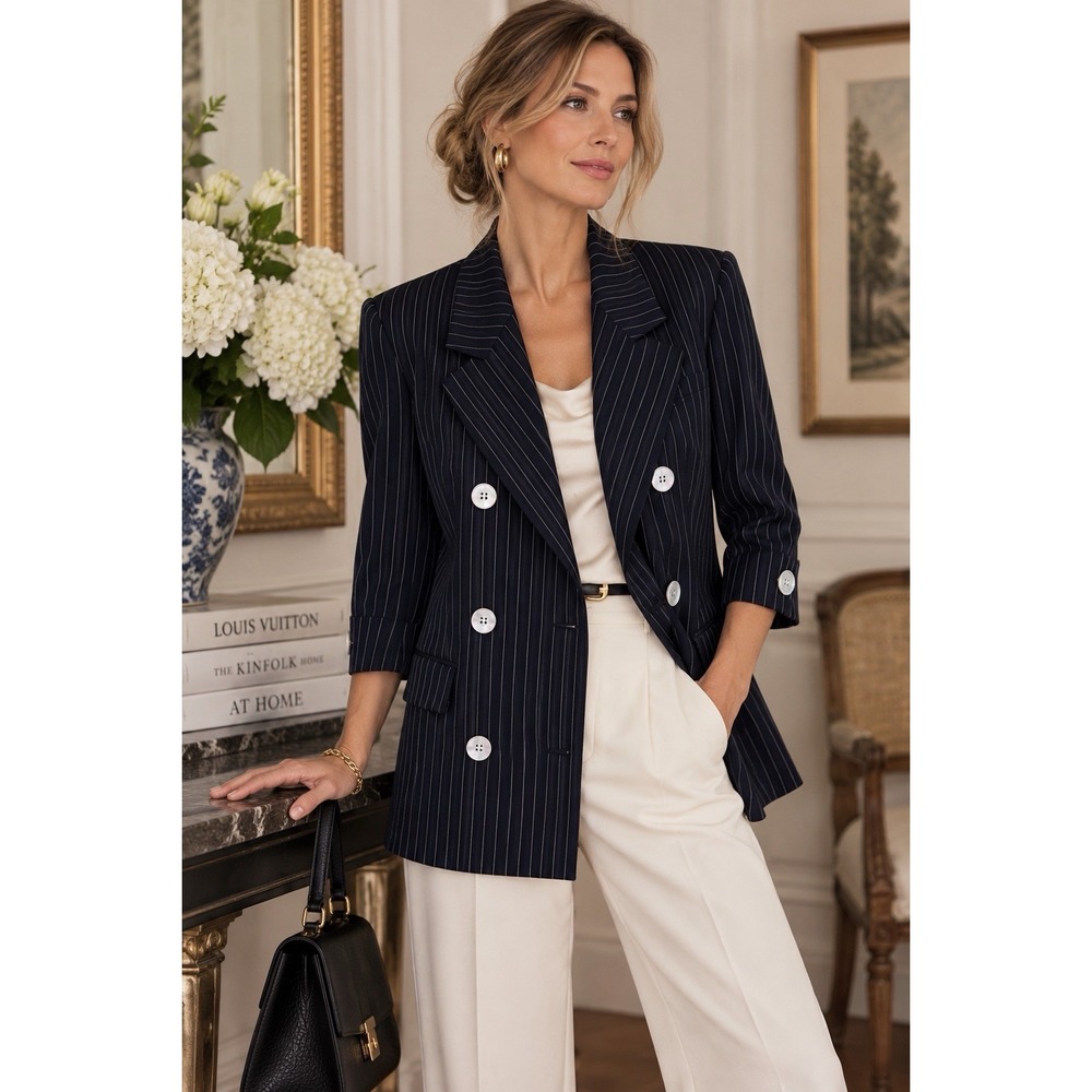 Vintage Laurel by Escada 100% Wool Pinstripe Double-Breasted Blazer 38 EU 8 US